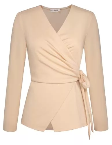 GRACE KARIN Langarmblusen GRACE KARIN Damen Blusen Elegant V-Ausschnitt Langarm Wickelbluse Büro Business Tunika Oberteil