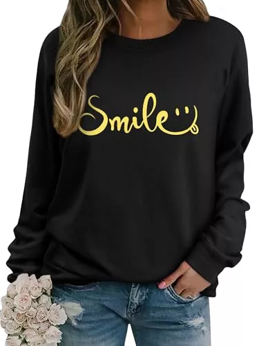 Dresswel Pullover & Strickmode Dresswel Damen Sweatshirt Smile Brief Drucken Pullover Lustiges Lächelndes Rundhals Langarmshirt Baumwolle Pulli Herbst Winter Casual Oberteile Langarm Tops