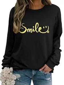 Dresswel Pullover & Strickmode Dresswel Damen Sweatshirt Smile Brief Drucken Pullover Lustiges Lächelndes Rundhals Langarmshirt Baumwolle Pulli Herbst Winter Casual Oberteile Langarm Tops