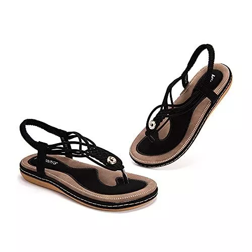 Hitmars Sandalen & Slides Sandalen Damen Sommer Flip Flops Flach Zehentrenner mit Strass Bohemian Elegant Sommerschuhe Schwarz Blau Braun Größe 35-42 EU