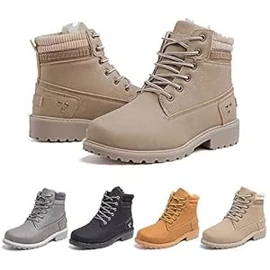 Hitmars Stiefel Hitmars Winterstiefel Damen Gefüttert Winterschuhe Kurzschaft Combat Schneestiefel Ankle Boots Warm PU Leder Stiefelette Outdoor Schwarz Khaki Grau 36-43 EU