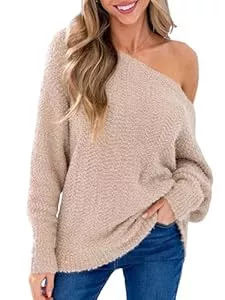 CUPSHE Pullover & Strickmode CUPSHE Damen Pullover Schulterfrei Lange Puffärmel Feinstrick Casual Oversized Lose Strickpullover Knit Sweatshirt Oberteil