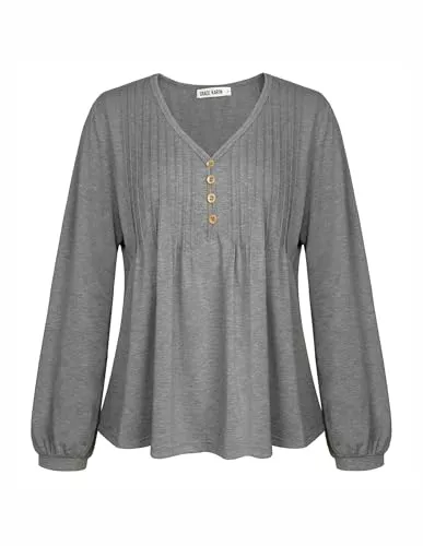 GRACE KARIN Langarmblusen GRACE KARIN Casual Langarmshirt Damen V-Ausschnitt Plissee Oberteile Elegant Herbst Tunika Blusen