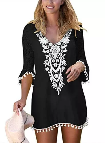 CORAFRITZ Bademode CORAFRITZ Damen Summer Beach Cover Up Trompetenärmel Badeanzug mit V-Ausschnitt und Kordelzug Einfarbiger Badeanzug mit Rüschensaum