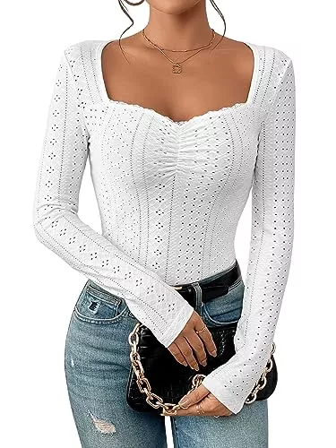 GORGLITTER Langarmblusen GORGLITTER Damen Langarm Tops Schmal T-Shirt Herzausschnitt Langarmshirt Klasse Herbstshirt Schmal Oberteil