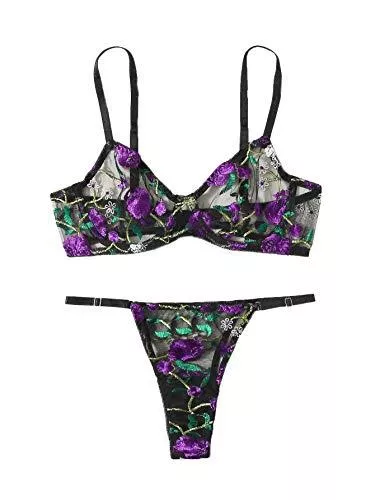 SweatyRocks Unterwäsche & Dessous SweatyRocks Damen Sexy BH und Panty Set 2 Stück Sheer Floral Spitze Dessous Set