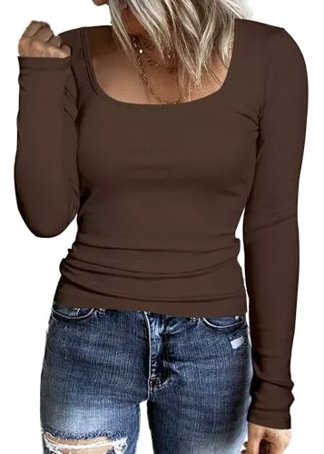 Aottori Langarmshirts Aottori Damen Langarmshirt Eckigem Ausschnitt Elegant Oberteile Gerippt Stretch T-Shirt Langarm Slim Fit Pullover Sexy Baumwolle Tee Shirts Casual Basic Tops