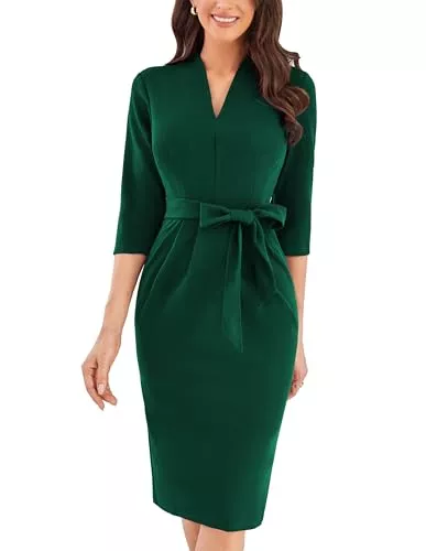 GRACE KARIN Cocktail GRACE KARIN Damen Cocktailkleid 3/4-Ärmel Elegantes Midi-Bodycon-Kleid V-Ausschnitt Slim Fit Bleistiftkleid mit Gürtel Hochzeitsgästekleider Alltagskleid