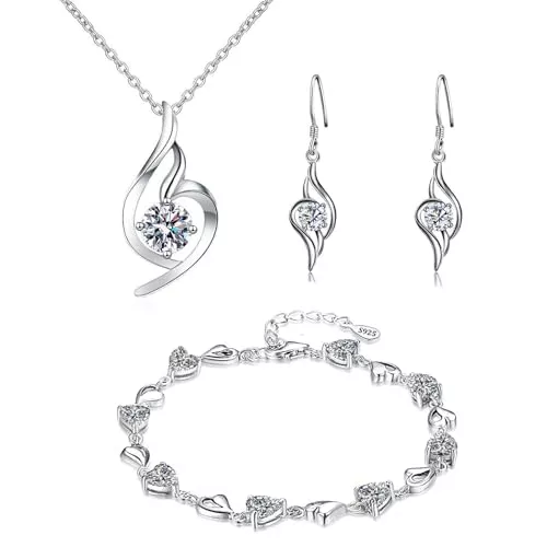 findout Schmuck blaue Kristall Halskette Frauen Schmuck Set CZ Sterling Silber Herzform Anhänger Halskette und Ohrstecker Armbänder Armbänder für Frauen Mädchen mit Silberkette Schmuckschatulle
