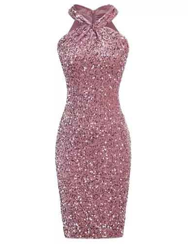 GRACE KARIN Cocktail GRACE KARIN Damen Pailletten Kleid Knielang Neckholder Cocktailkleid Bodycon Partykleid