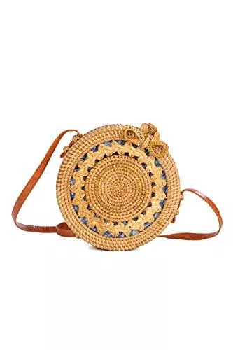 Ulisty Taschen & Rucksäcke Ulisty Hohl-geschnitztes Design Rund Rattan Tasche Kreis Strohbeutel Handgefertigte Tasche Weben Korb Handgewebte Tasche Sommer-Strandtasche Schultertasche Umhängetasche für Damen/Frauen Blau Futter