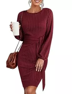 Hotouch Freizeit Hotouch Strickkleid Damen Pulloverkleid Langarm Herbstkleid Bodycon Winterkleid Elegant Knielang Kleid Winter Rundhals mit Gürtel