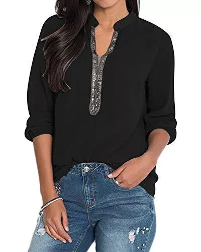 YOINS Langarmblusen YOINS Sexy Oberteil Damen Sommer Elegante Langarmshirts Damen Bluse Tunika Frühling T-Shirt V-Ausschnitt Tops