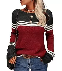 Hormtaer Pullover & Strickmode Damen Pullover Rundhals Colorblock Herbstpulli Stilvolle Slim Fit Gestreift Sweater Bequem Warm Strickpullover Langarm Tops Strickwaren