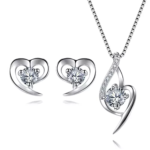 EVERU Schmuck Herz Schmuckset Silber 925 Damen Kette und Ohrringe Set mit Zirkonia Stein Für Fraun &amp; Mädchen Geschenk, 18”