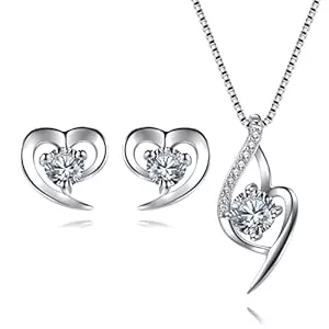 EVERU Schmuck Herz Schmuckset Silber 925 Damen Kette und Ohrringe Set mit Zirkonia Stein Für Fraun & Mädchen Geschenk, 18”