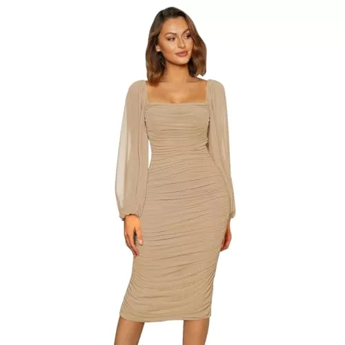 Odizli Party Odizli Damen Elegant Mesh Langarm Bodycon Midikleid Festliche Hochzeit Partykleid