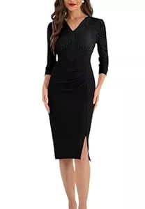 Belle Poque Cocktail Belle Poque Damen Vintage Spitzenkleid 3/4 Ärmel V-Ausschnitt Bodycon Cocktailkleid mit Schlitz