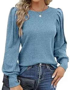 Hotouch Pullover & Strickmode Hotouch Pullover Damen Herbst Rundhals Langarm Strickpullover mit Puffärmel Elegant Gestrickte Oberteile Einfarbig Dünne Pulli Casual Langarmshirt S-XXL