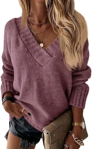 Wenrine Pullover & Strickmode Wenrine Damen Pullover Winter Langarm V-Ausschnitt Strickpullover Sexy Lose Einfarbig