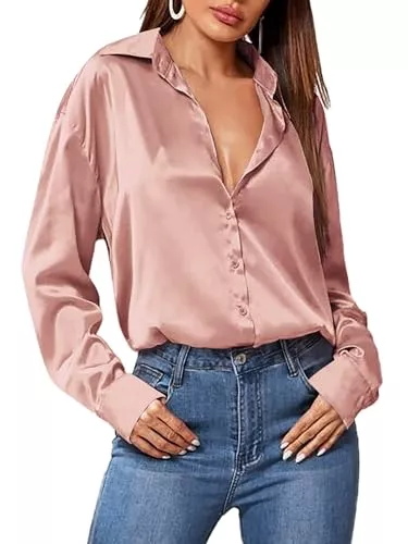 Zeagoo Langarmblusen Zeagoo Damen Satin Bluse V-Ausschnitt Causal Satinblusen Lässige Elegant Fahion Kariert Seidenbluse Oberteil Tops Langarmshirt Shirts Tunika Hemd