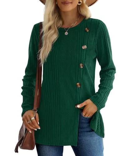 XIEERDUO Pullover & Strickmode XIEERDUO Pullover Damen Herbst Winter Strickpullover Damen Rundhals Langarmshirt Damen Schlitz Tunika Top Damen mit Knöpfen Oberteile Elegant