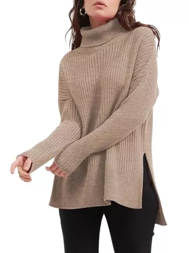Imily Bela Pullover & Strickmode Imily Bela Damen Oversized Rollkragenpullover,Langärmeliger Tunika Pulli,Locker sitzend Winter Sweater,Rippenstrickpullover mit Seitenschlitz