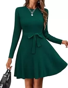 Hotouch Freizeit Hotouch Pulloverkleid für Damen Langarmkleid Rundhals Strickkleid Lässiges A-Linie Winterkleid mit Gürtel Elegant Sweater Midikleid