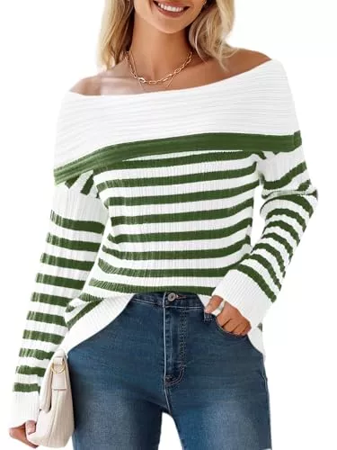 Imily Bela Pullover & Strickmode Imily Bela Damen Gestreift Pullover Schulterfrei Strickpullover mit Umlegekragen Pulli Mode