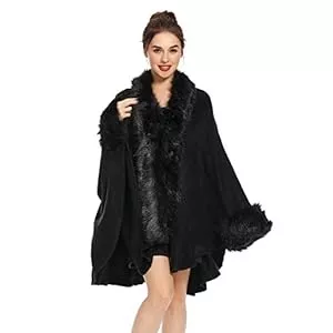 ZLYC Strickjacken ZLYC Damen Winter Kunstpelz Poncho Cape Warm Umhang Faux Fur Kragen Mäntel Strickjacke