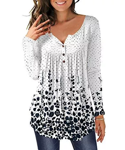 DEMO Langarmblusen DEMO Tunika Damen Blumen Tops Langarm Henley V Ausschnitt Knopfleiste Plissiert Bluse T Shirt Oberteil