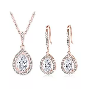 Deyanse Schmuck Deyanse Schmuckset Rosegold für Damen, Haken Ohrringe Hängend & Halskette mit Weiß Tropfen Zirkonia CZ Luxus Schmuck, Damen Schmuck mit Geschenkbox für Frau Mutter Mädchen zum Geburtstag Muttertag