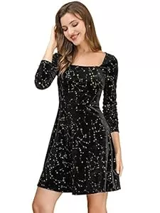 Allegra K Cocktail Allegra K Damen Weihnachten Kleid Langarm Party Festlich Quadratischer Kragen Samt Stern Abendkleid