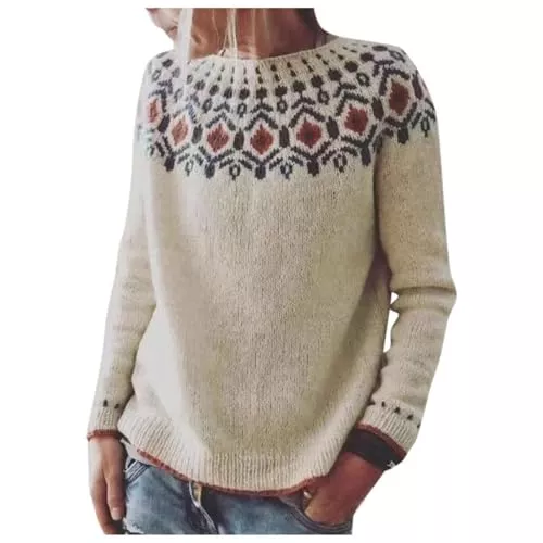 Generic Pullover & Strickmode Strickpullover Damen Vintage Pullover Strick Sweatshirt Rundhals Pullover für Damen Autumn Winter Sweater Freizeit Langarmshirt Pulli Warme Winterpullover