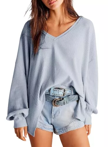 Dokotoo Pullover & Strickmode Dokotoo Oberteile Damen Langarm Oversize Tshirt V-Ausschnitt Pullover Hemd Bluse Herbst Locker Waffel Stricken Blusen Tunika Unregelmäßiger Schnitt Langarmshirt Sweatshirt Pulli Shirts S-XXL