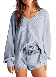 Dokotoo Pullover & Strickmode Dokotoo Oberteile Damen Langarm Oversize Tshirt V-Ausschnitt Pullover Hemd Bluse Herbst Locker Waffel Stricken Blusen Tunika Unregelmäßiger Schnitt Langarmshirt Sweatshirt Pulli Shirts S-XXL