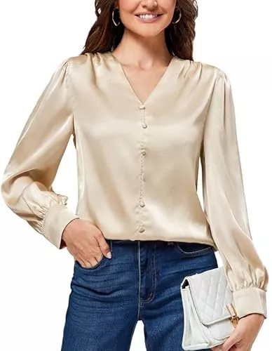 JASAMBAC Langarmblusen JASAMBAC Satin Bluse Damen Oberteile Langarm Bluse Mit Dekorativen KnöPfen V-Ausschnitt Festliche Blusen Elegant Satin Shirt Retro Hemdbluse Seiden Business Outfit Party Oberteile Arbeitshemd
