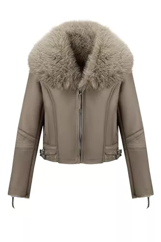 Geschallino Mäntel Geschallino Damen Kunstleder Wildleder jacke Sherpa Gefüttert Warme Winter Kurz Mantel mit Pelzkragen