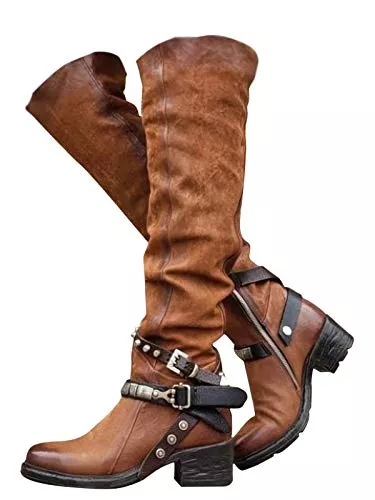 Minetom Stiefel Minetom Damen Hohe Stiefel Winter Schuhe mit Absatz Kunstleder Schnalle Langschaft Overknee Stiefel Kniehohe High Heels Lang Boots