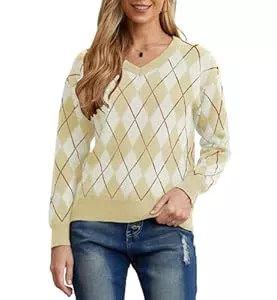 PrinStory Pullover & Strickmode PrinStory Damen V Hals Strickpullover Argyle Langarm Winterpullover Für Damen Clashing Farben Pullover