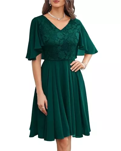 GRACE KARIN Cocktail GRACE KARIN Damen Elegant Cocktailkleid V-Ausschnitt Spitzenkleid Chiffon Knielang A-Line Abendkleid Party