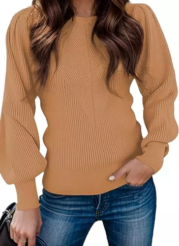 Zeagoo Pullover & Strickmode Zeagoo Pullover Damen Strickpullover Winter Elegant Rundhals Strickpulli mit Puffärmel Sweater Langarm Pulli Herbst Winter Oberteile
