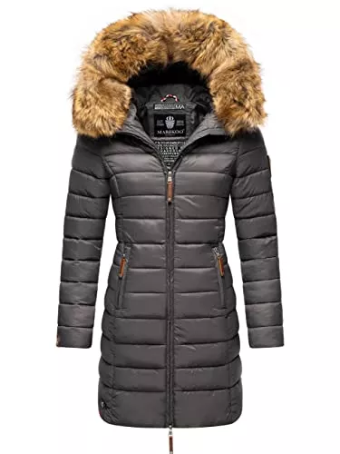 MARIKOO Mäntel MARIKOO Damen Wintermantel Warmer Steppmantel lang mit Kapuze und abnehmbarem Kunstfell-Kragen Rose XS-6XL