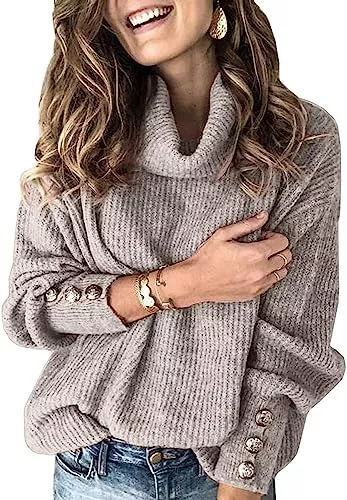 Wenrine Pullover & Strickmode Wenrine Damen Rollkragen Pullover Winter Langarm Lose Strickpullover Casual Warm Gestrickt mit Metallknöpfen