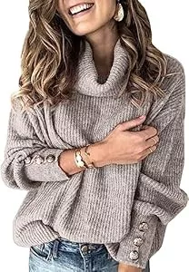 Wenrine Pullover & Strickmode Wenrine Damen Rollkragen Pullover Winter Langarm Lose Strickpullover Casual Warm Gestrickt mit Metallknöpfen