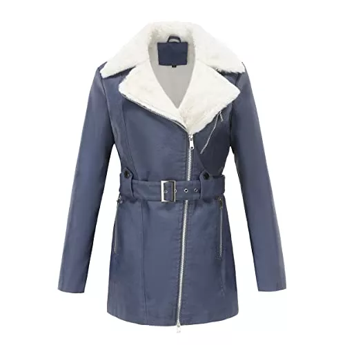 Baymate Mäntel Baymate Lederjacke Damen Revers Oberteile Bundverschlankung Winter Lange Ärmeln Plus Fleece Jacke Reißverschluss Warme Alpaka Mantel Motorrad Jacke