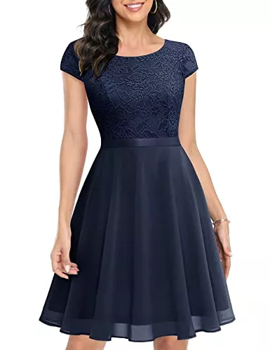 UOTORI Cocktail UOTORI Damen Cocktailkleid Kurz Abendkleid Elegant Spitzenkleid Chiffon Rundhalsausschnitt Brautkleid