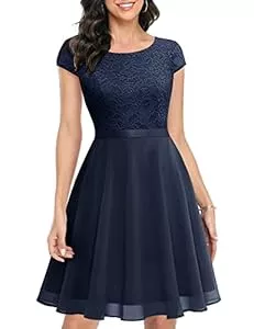 UOTORI Cocktail UOTORI Damen Cocktailkleid Kurz Abendkleid Elegant Spitzenkleid Chiffon Rundhalsausschnitt Brautkleid