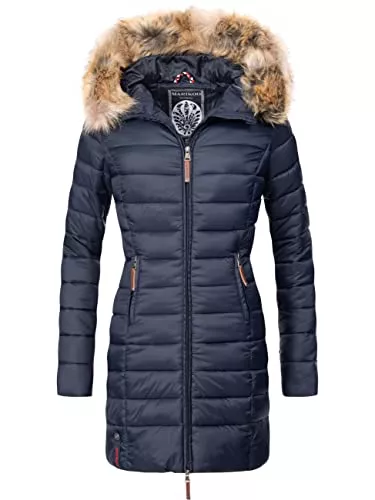 MARIKOO Mäntel MARIKOO Damen Wintermantel Warmer Steppmantel lang mit Kapuze und abnehmbarem Kunstfell-Kragen Rose XS-6XL