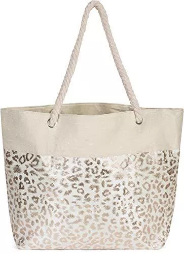 styleBREAKER Taschen & Rucksäcke styleBREAKER Damen XXL Strandtasche mit Metallic Leoparden Animal Print und Reißverschluss, Schultertasche, Shopper 02012282, Farbe:Beige-Rosegold